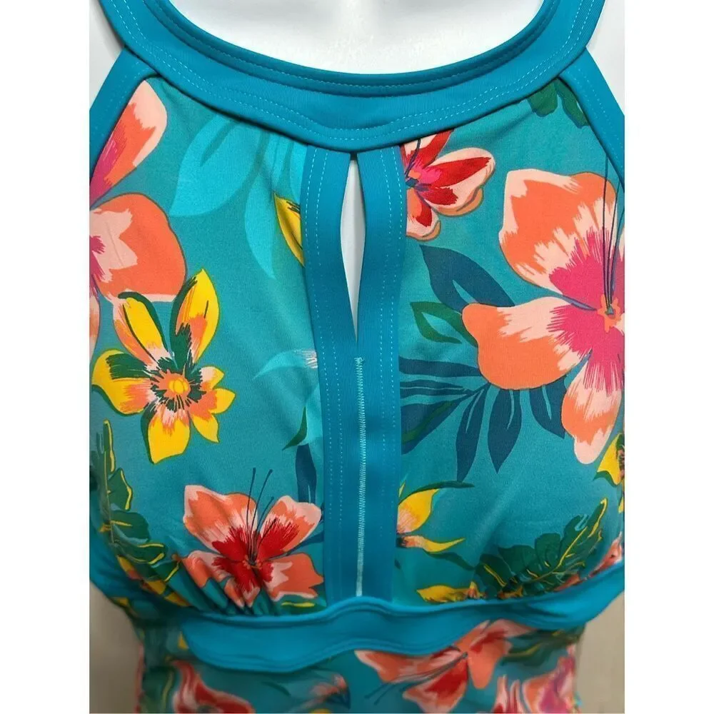 Lands’ End Floral Tummy Control One Piece Swimsuit Size 10 DD Blue Orange